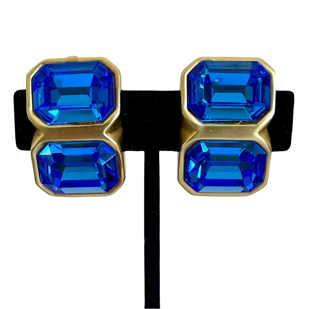 Vintage Signed Jil Bari Gold Plated Clip Earrings With Sapphire Blue Glass